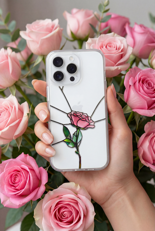 Stained Glass Pink Rose Clear Phone Case